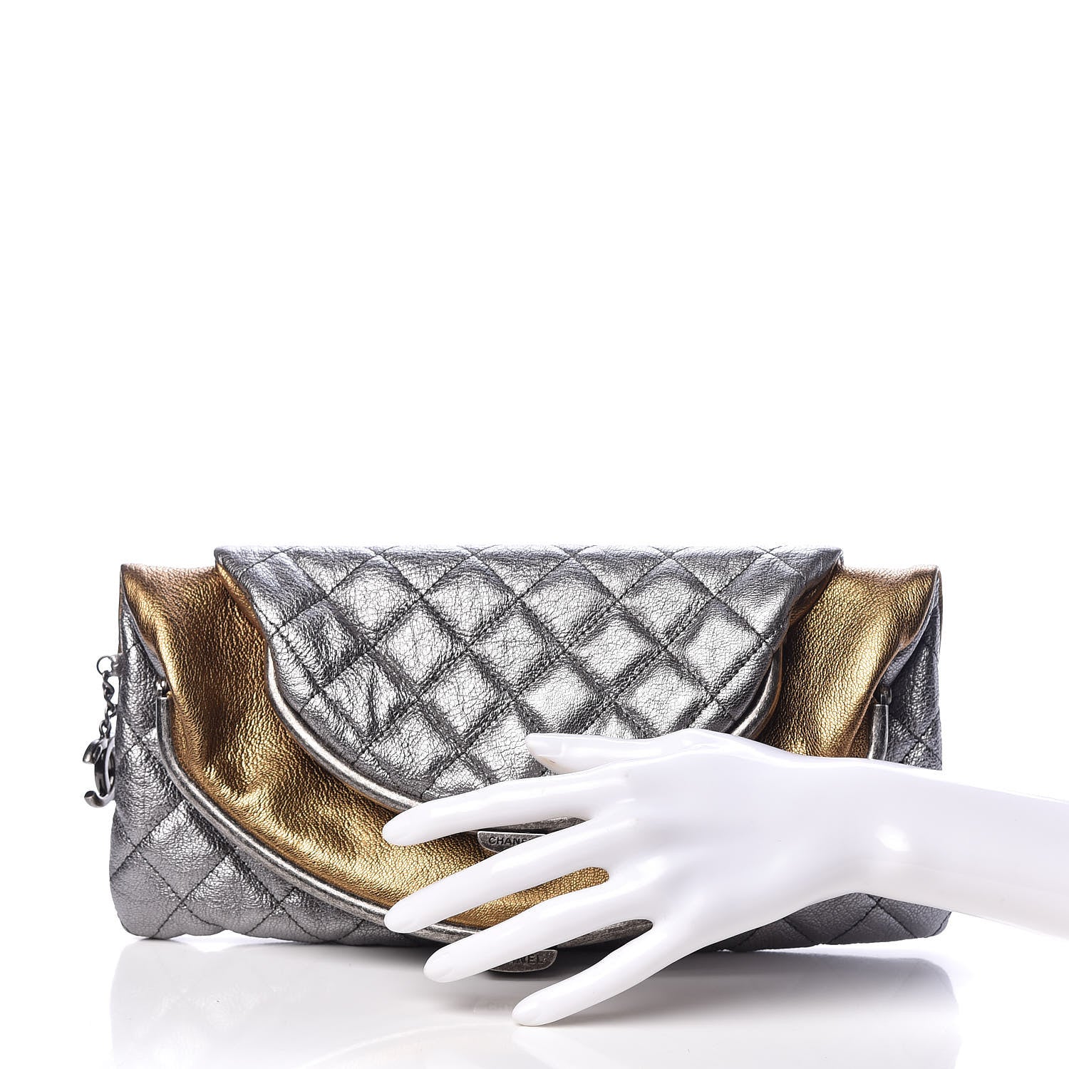 Chanel Metallic Goatskin Quilted Frame Clasp Flap Clutch Silver Gold 1 of 11