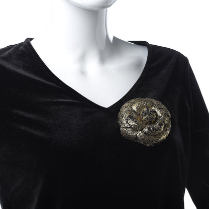 Chanel Metallic Tweed Camellia Brooch Gold Black 2 of 5