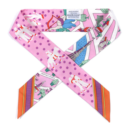 Hermes Silk Les Nouveaux Amoureux de Paris Twilly Rose Buvard White Vert 1 of 6