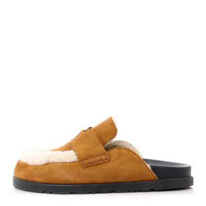 Hermes Suede Goatskin Shearling Go Mules 37.5 Beige Kraft Ecru 1 of 8