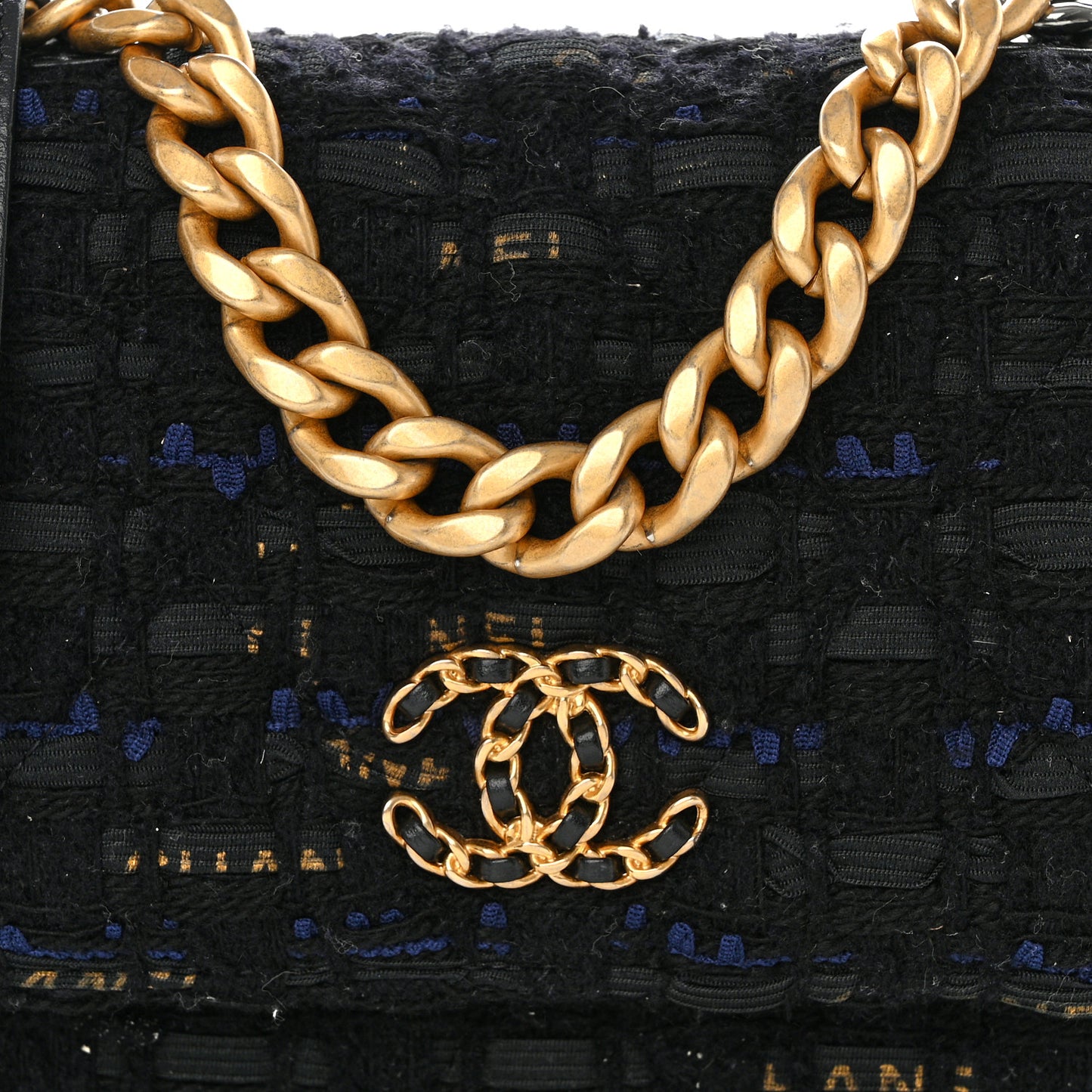 Tweed Quilted Chanel 19 Wallet On Chain WOC Black Navy Gold