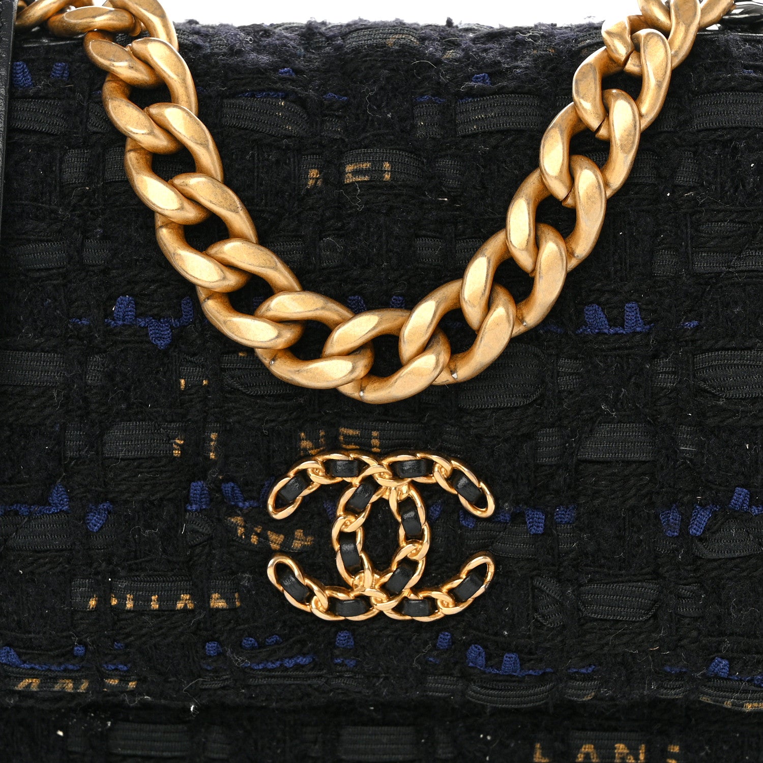Chanel Tweed Quilted Chanel 19 Wallet On Chain WOC Black Navy Gold 9 of 11