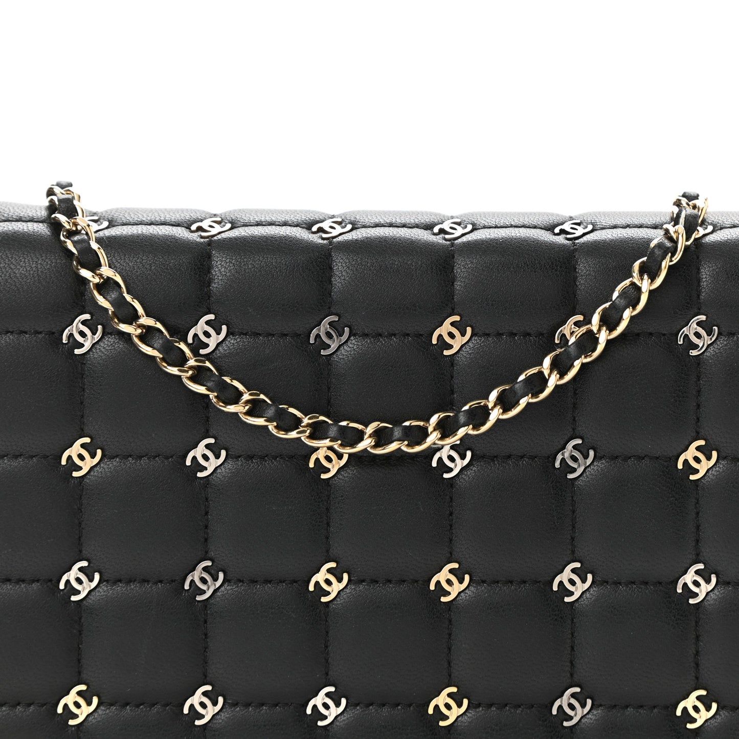 Lambskin Chocolate Bar Piercing CC Studded Small Chain Flap Bag Black