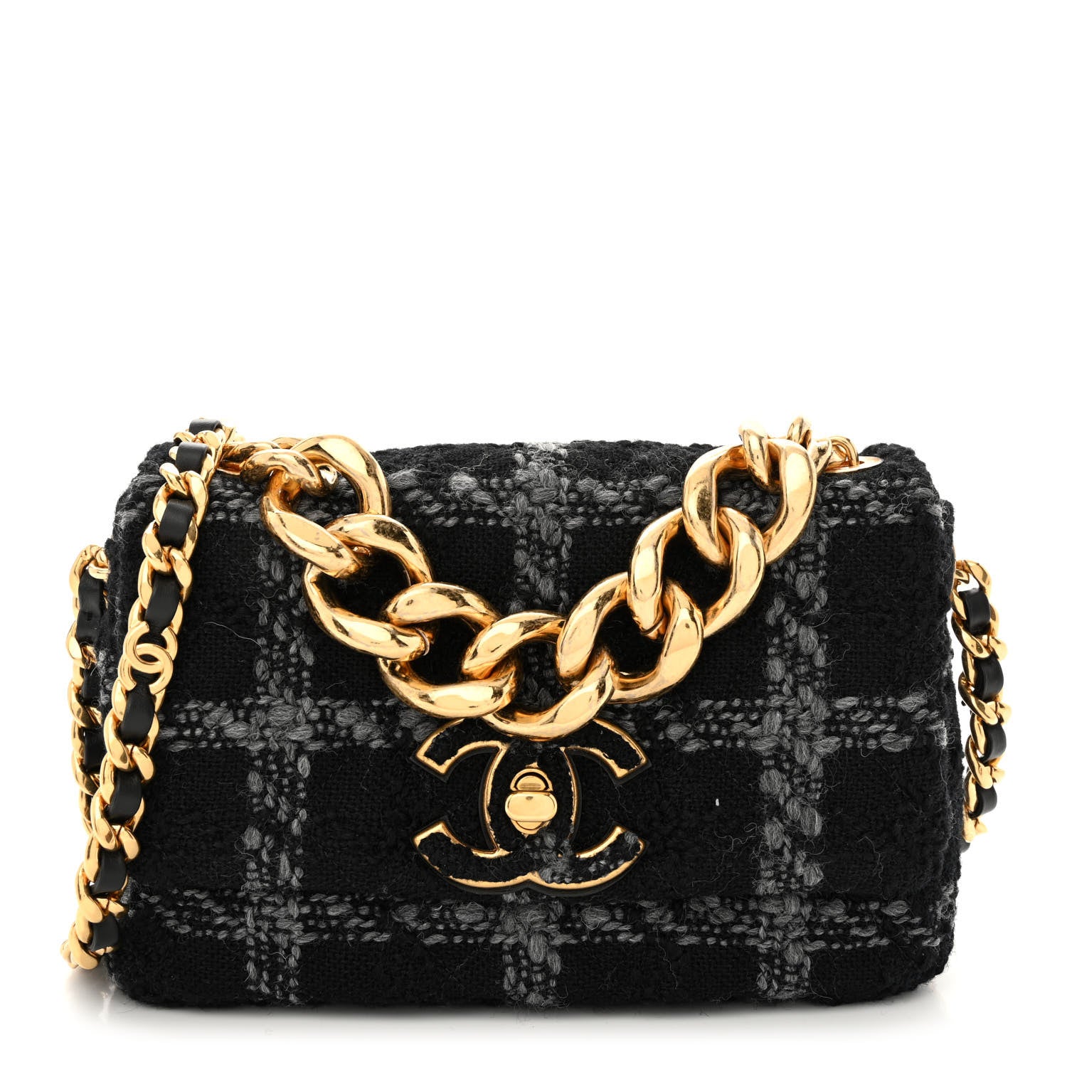 Chanel Wool Tweed Quilted Small Elegant Chain Flap Black Grey 1 of 10