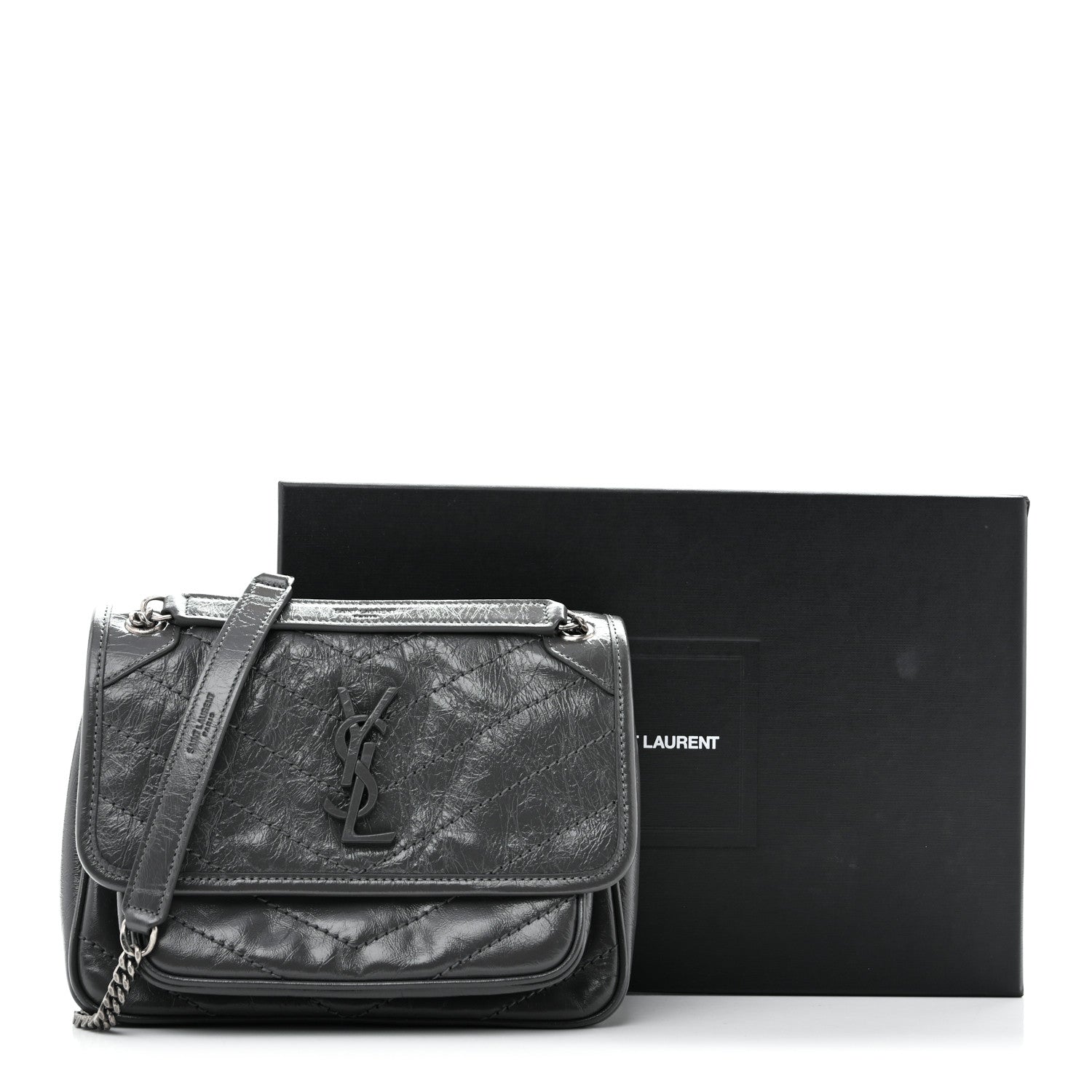 Saint Laurent Crinkled Calfskin Matelasse Monogram Baby Niki Chain Satchel Storm 13 of 13