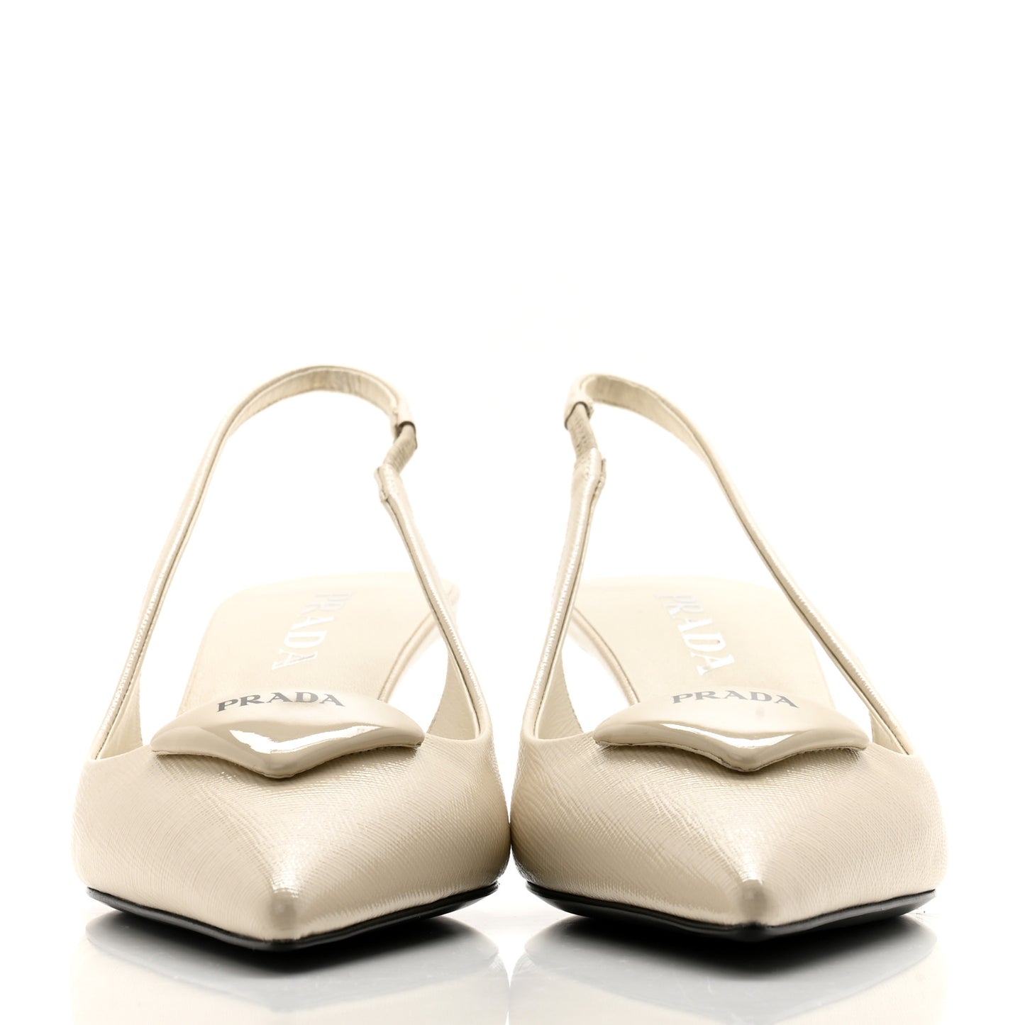 Saffiano Patent Triangle Logo Pointed Toe 75mm Slingback Pumps 39 White