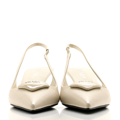Prada Saffiano Patent Triangle Logo Pointed Toe 75mm Slingback Pumps 39 White 2 of 9
