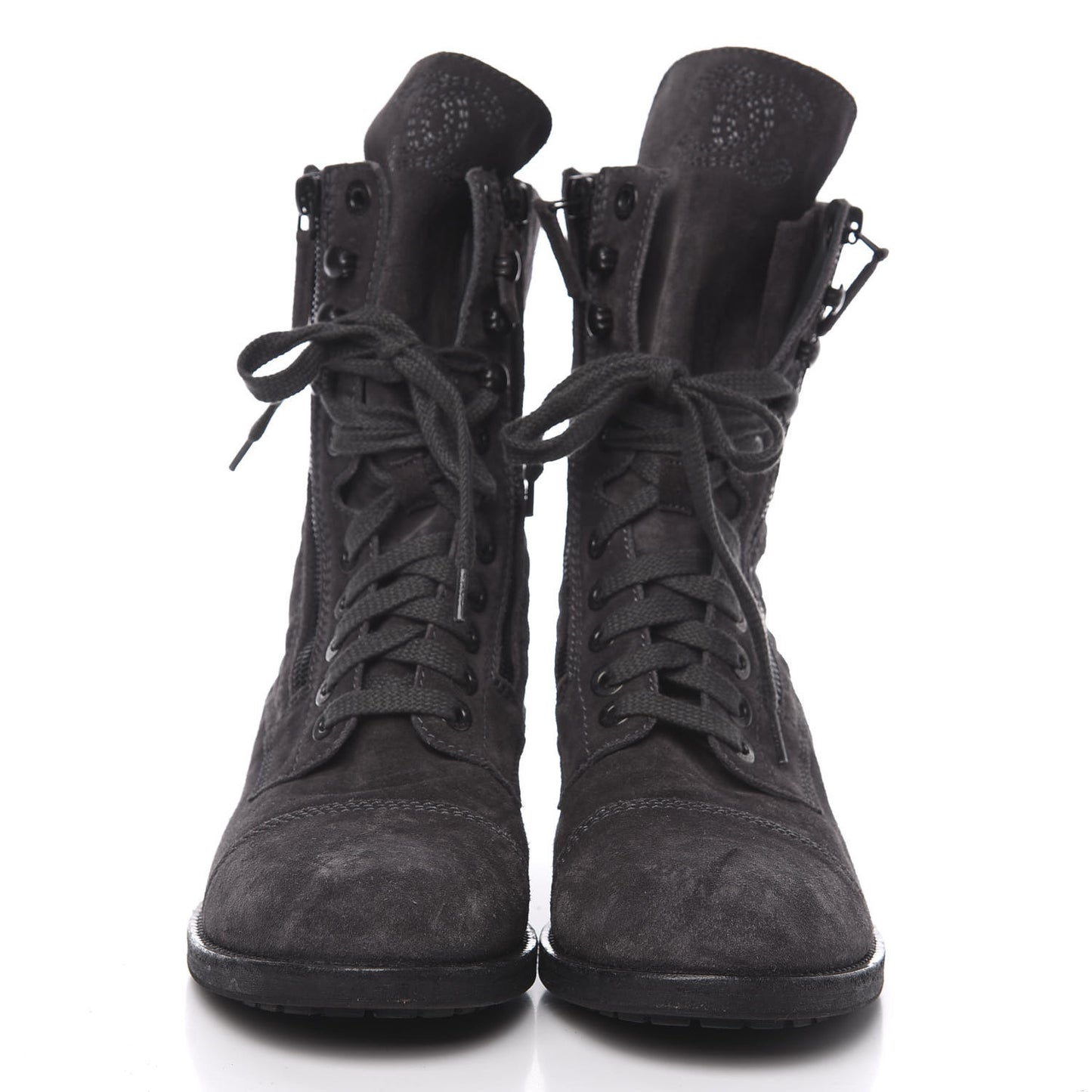 Suede Quilted CC Tall Lace Up Combat Boots 40.5 Grey