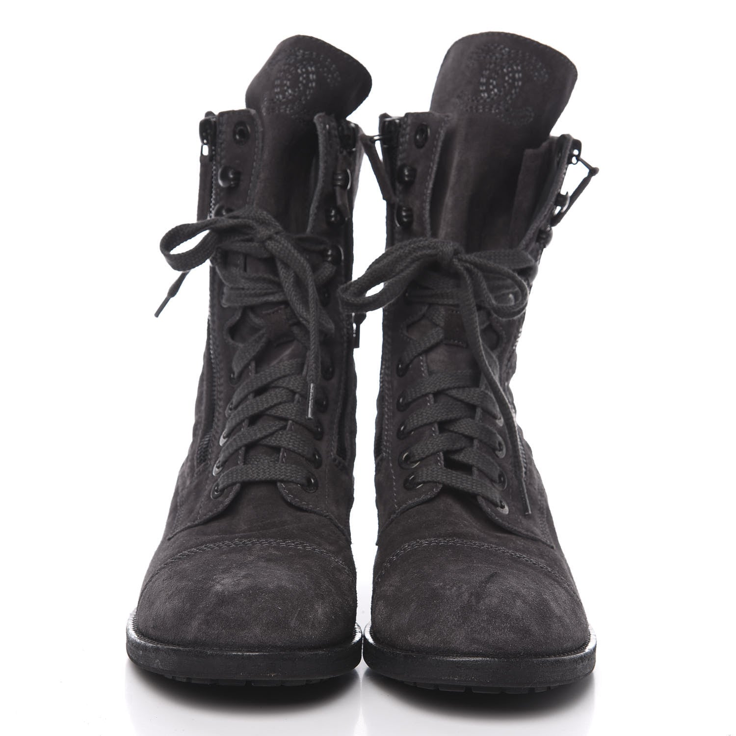 Chanel Suede Quilted CC Tall Lace Up Combat Boots 40.5 Grey 2 of 10