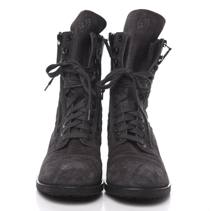 Chanel Suede Quilted CC Tall Lace Up Combat Boots 40.5 Grey 2 of 10