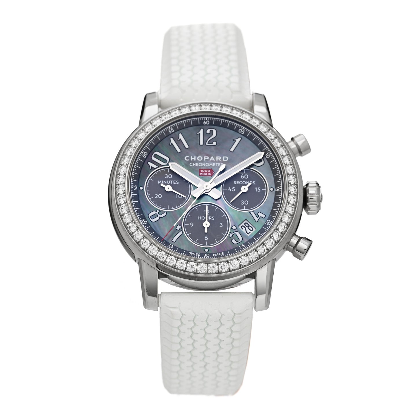 Stainless Steel Rubber Diamond Bezel Black Mother of Pearl 39mm Mille Miglia Race Edition Chronograph Automatic Watch