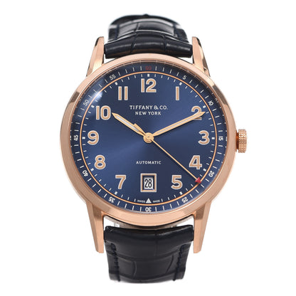 Tiffany 18K Rose Gold Alligator 40mm CT60 3-Hand Automatic Watch Blue 1 of 5