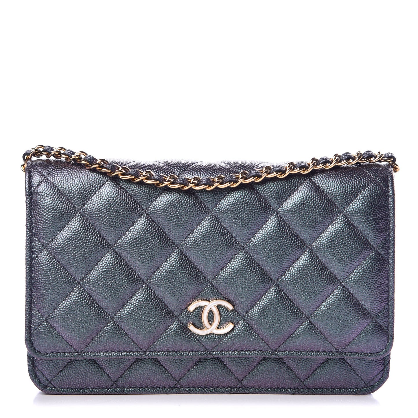 Iridescent Caviar Quilted Wallet On Chain WOC Black