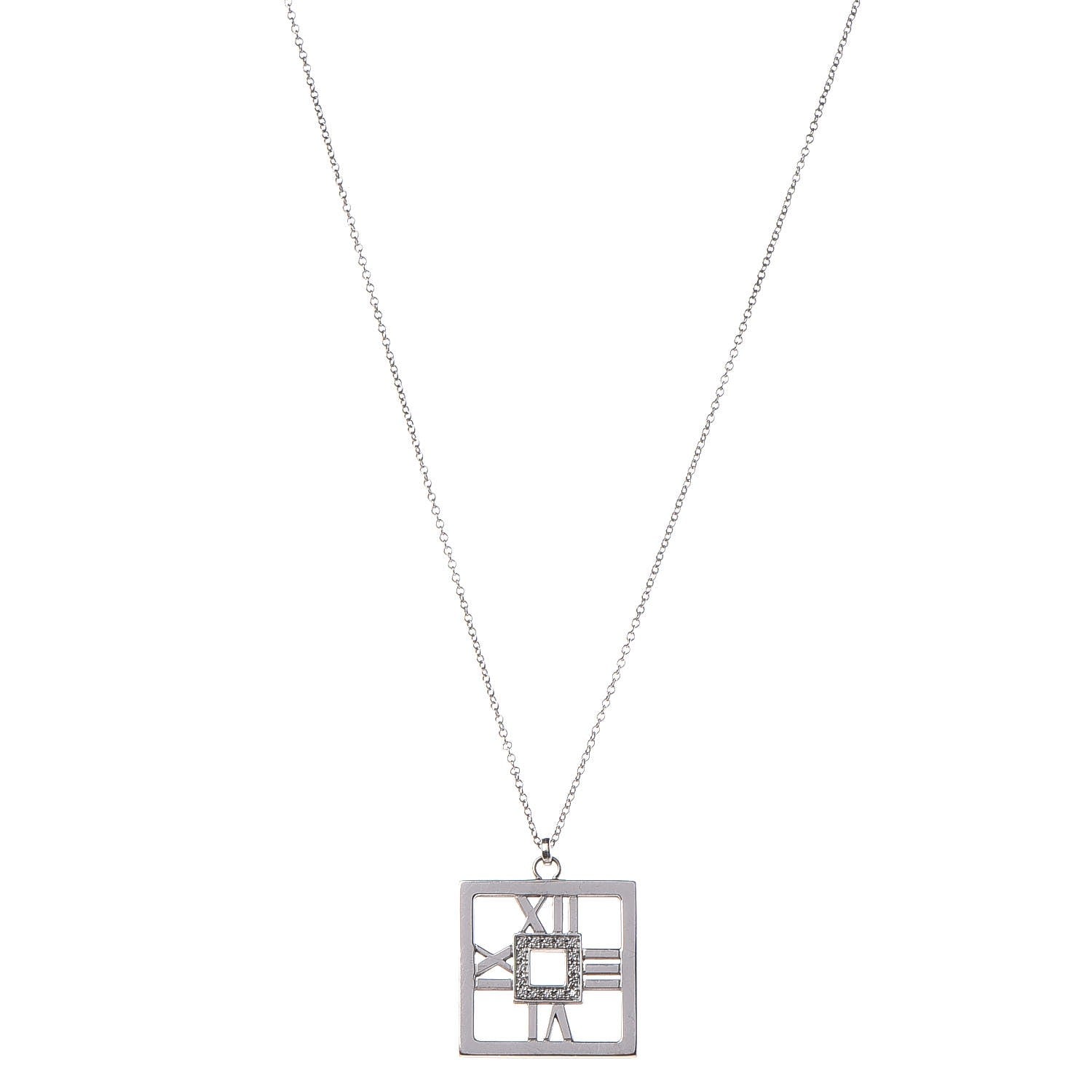Tiffany 18K White Gold Diamond Atlas Square Pendant Necklace 1 of 7