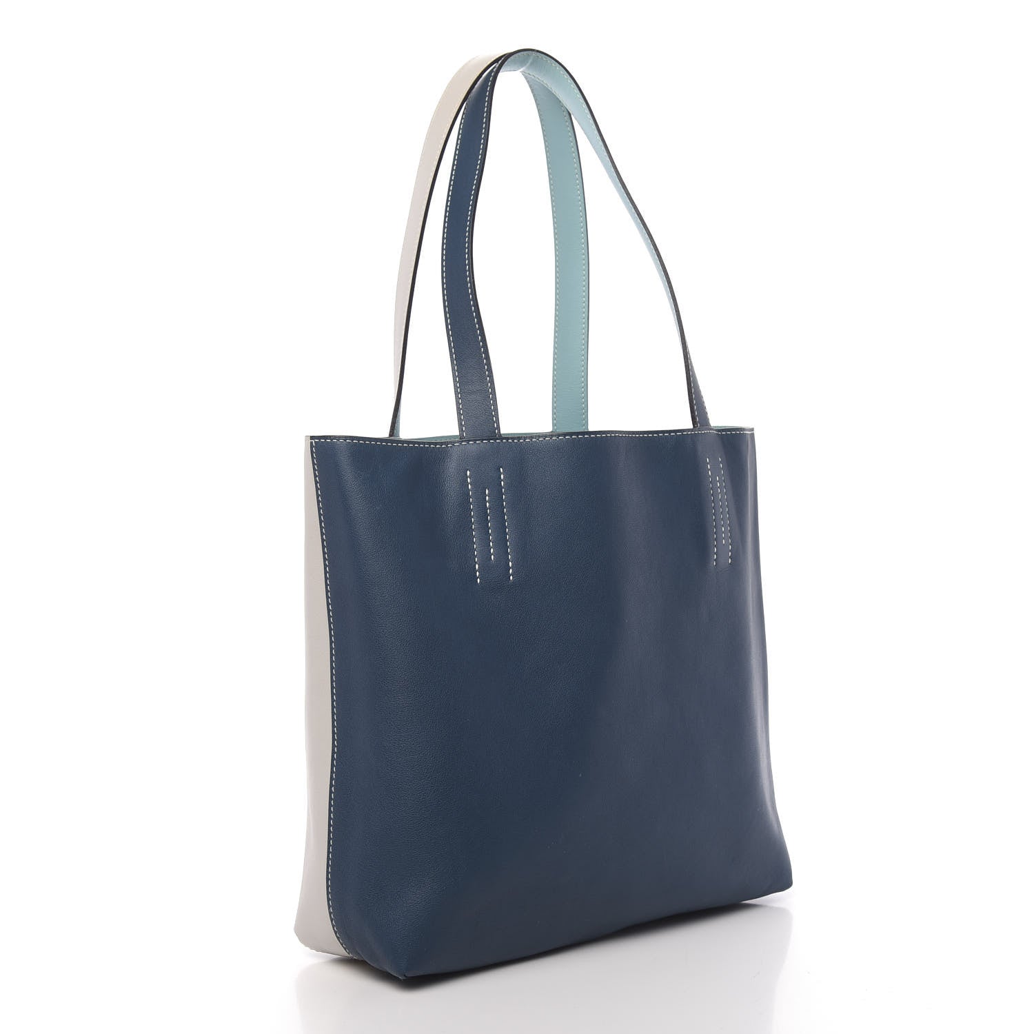 Hermes Veau Sikkim Swift Double Sens 30 Reversible Tote Gris Perle Colvert Bleu Atoll 5 of 17