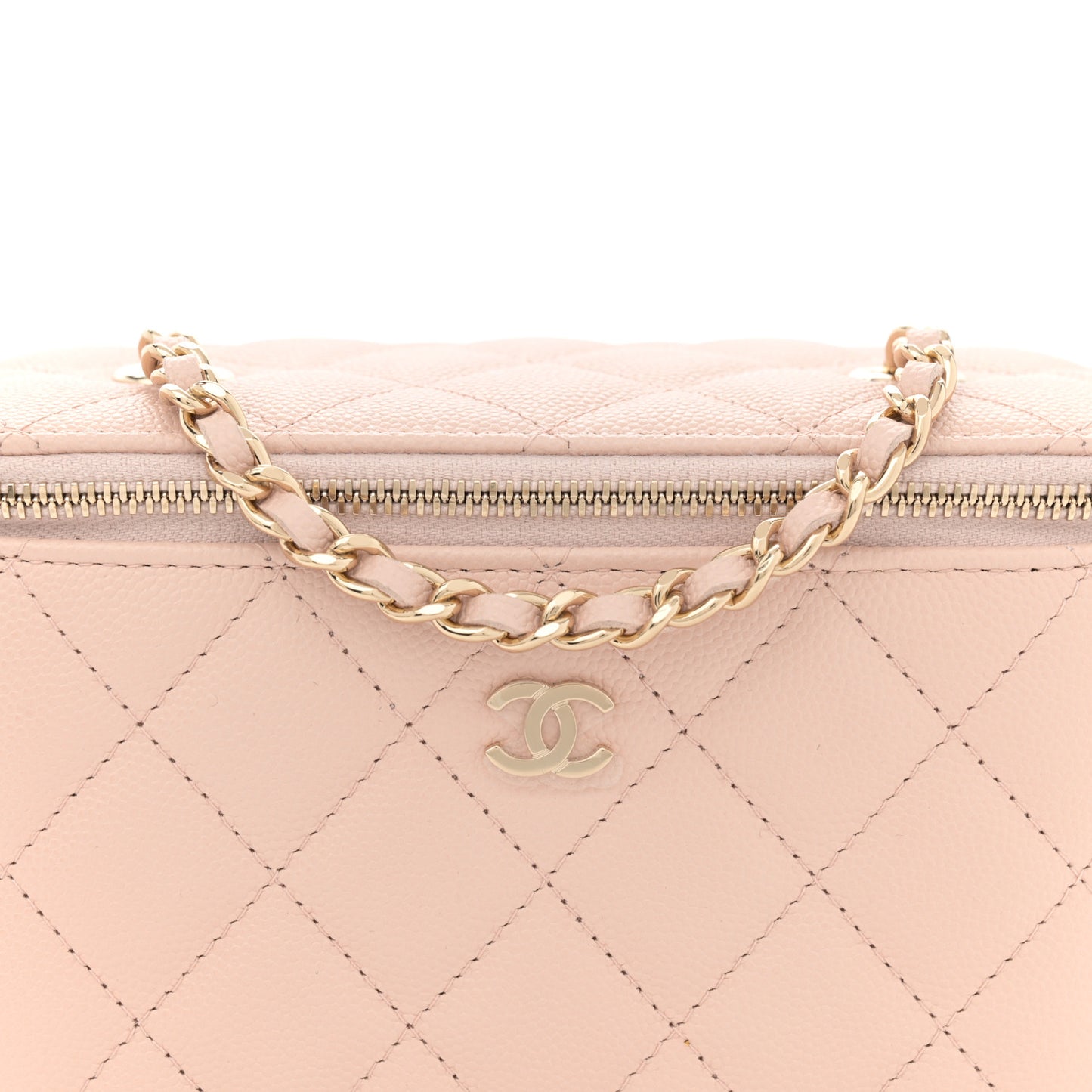 Caviar Quilted Small Vanity Case With Chain Light Beige