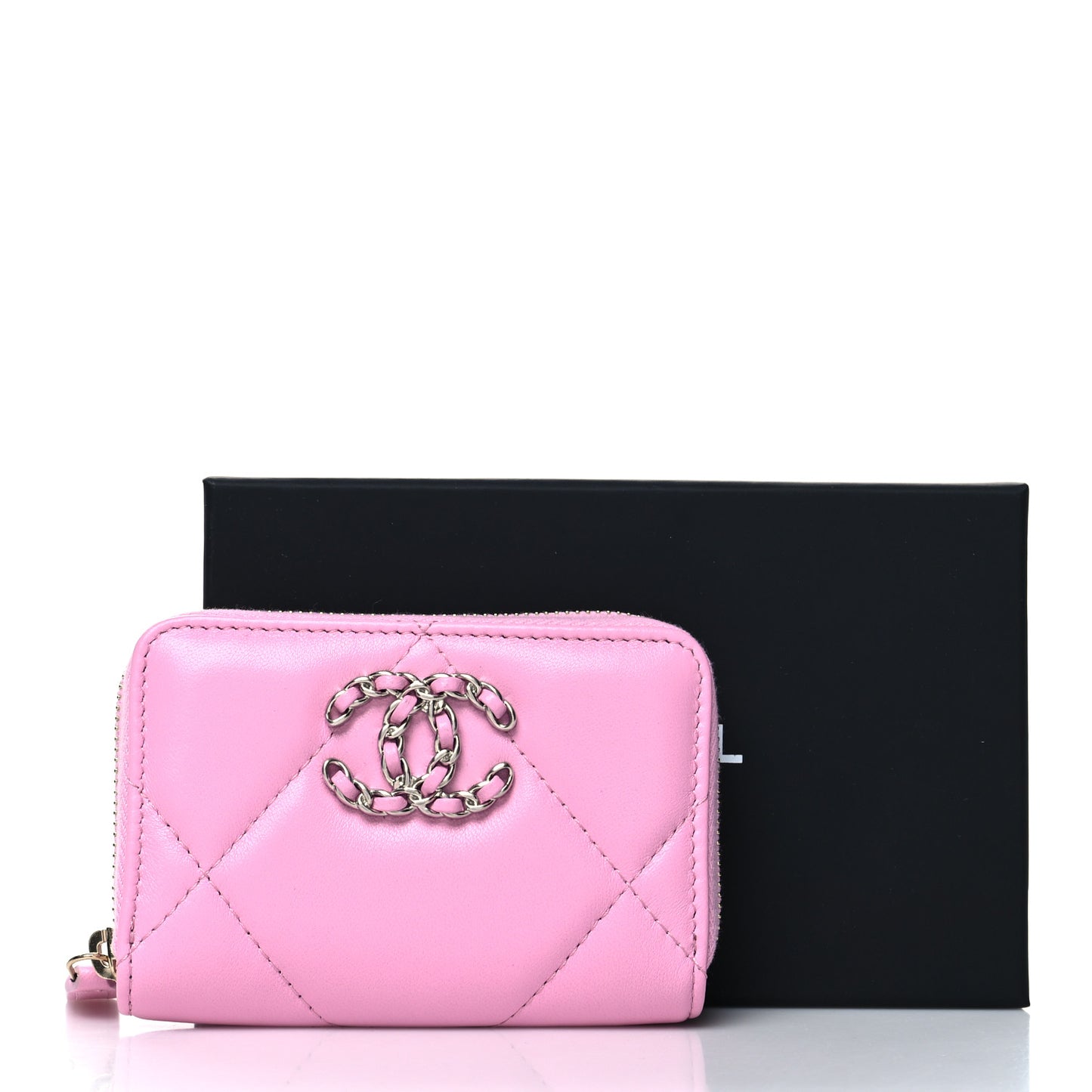 Lambskin Quilted Chanel 19 Zip Around Coin Purse Wallet Light Pink