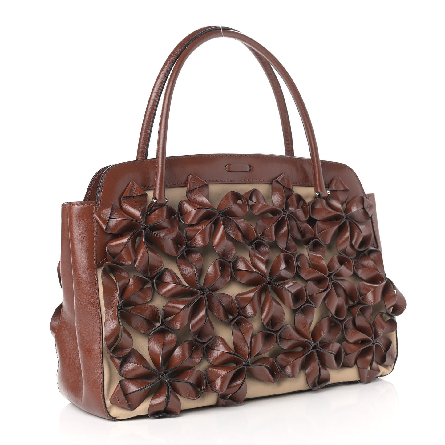 Calfskin Floral Applique Tote Brown