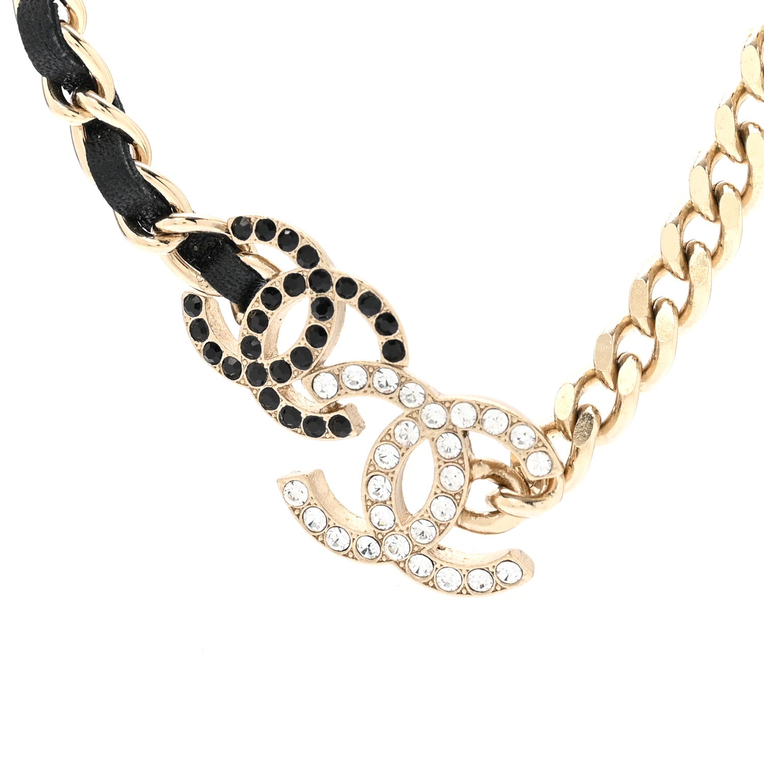 Chanel Metal Calfskin Crystal Double CC Short Necklace Black Gold 4 of 6