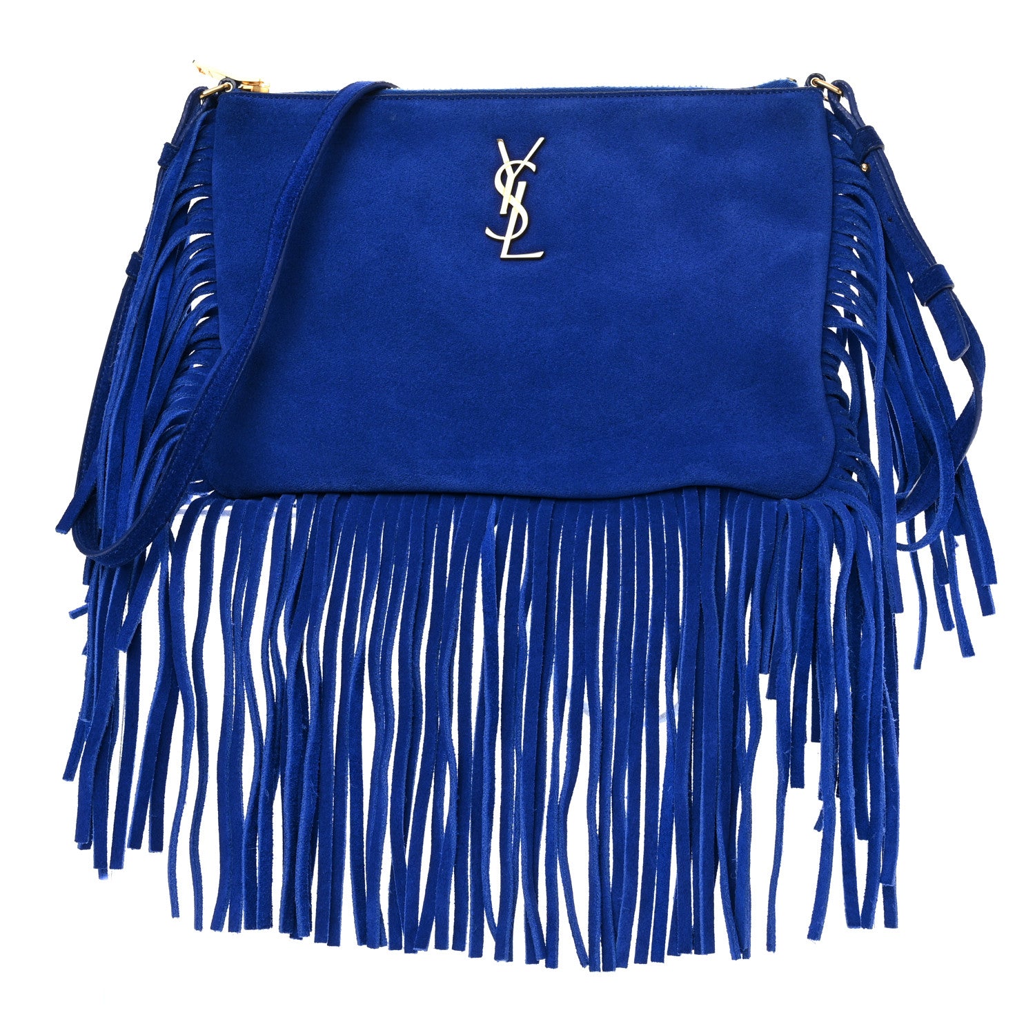 Saint Laurent Suede Calfskin Small Fringe Crossbody Bag Blue 1 of 10