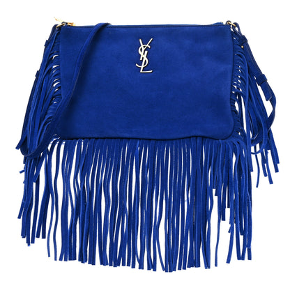 Saint Laurent Suede Calfskin Small Fringe Crossbody Bag Blue 1 of 10