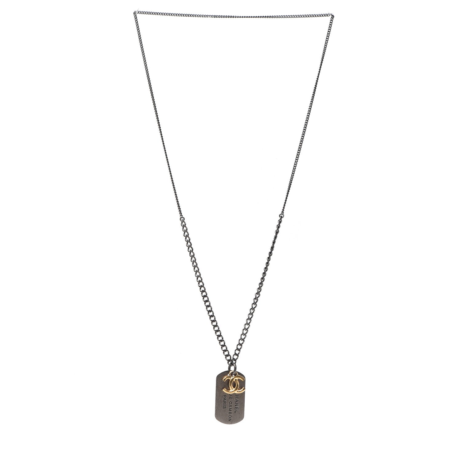 Chanel Ruthenium ID Dog Tag Charm Necklace Silver Gold 2 of 4