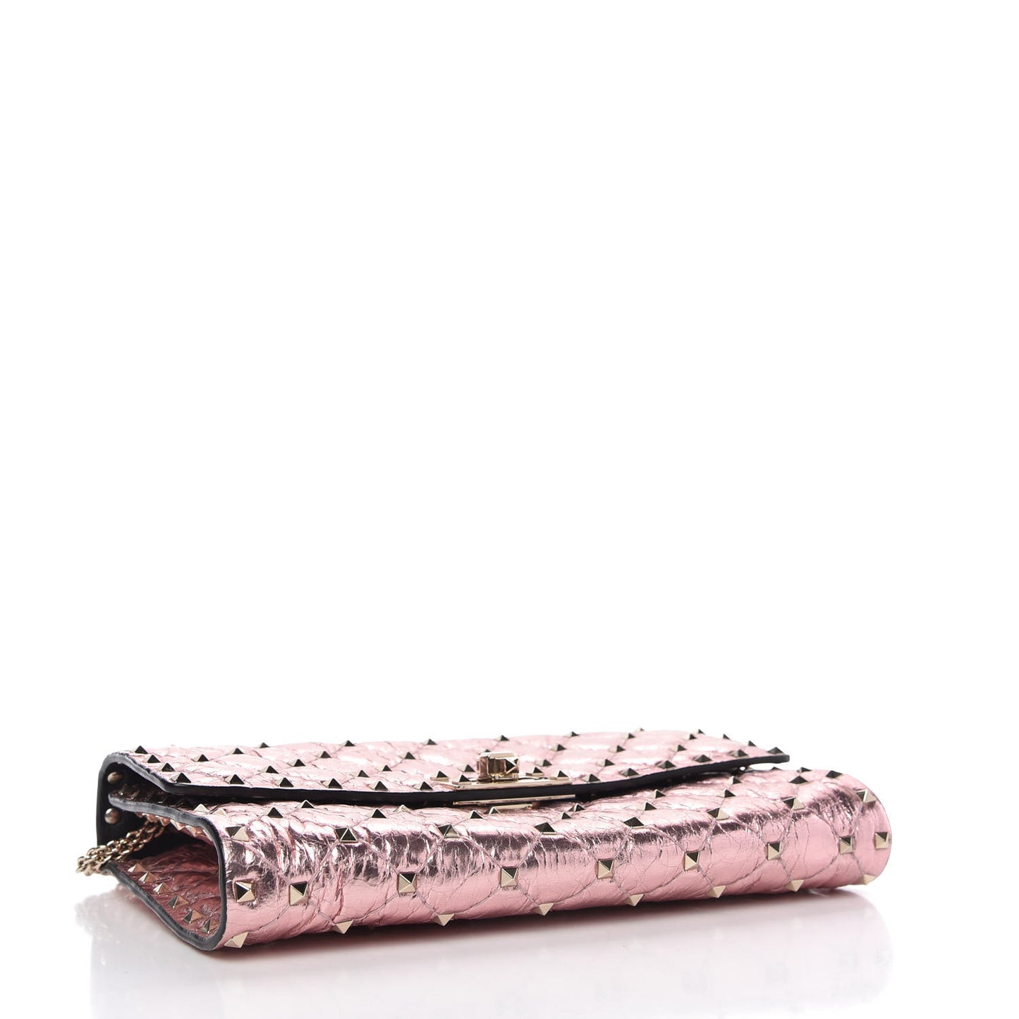 Metallic Wrinkled Lambskin Rockstud Spike Wallet on Chain Lipstick