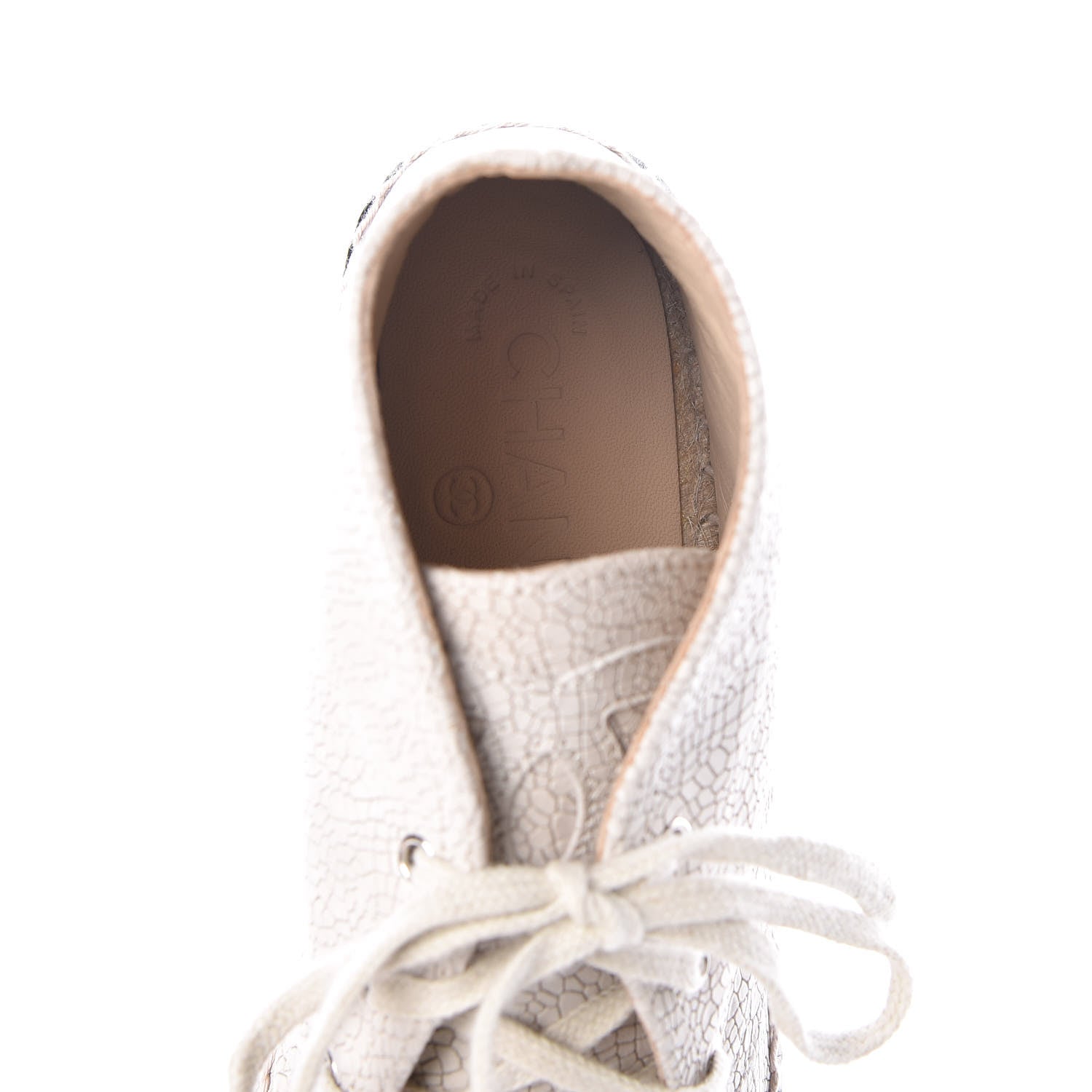 Chanel Crackled Calfskin Cap Toe Lace Up Espadrilles 35 Light Beige Black 5 of 8