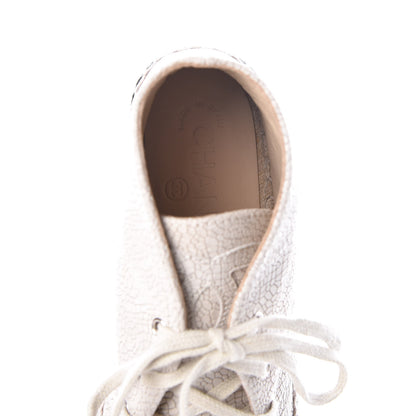Chanel Crackled Calfskin Cap Toe Lace Up Espadrilles 35 Light Beige Black 5 of 8
