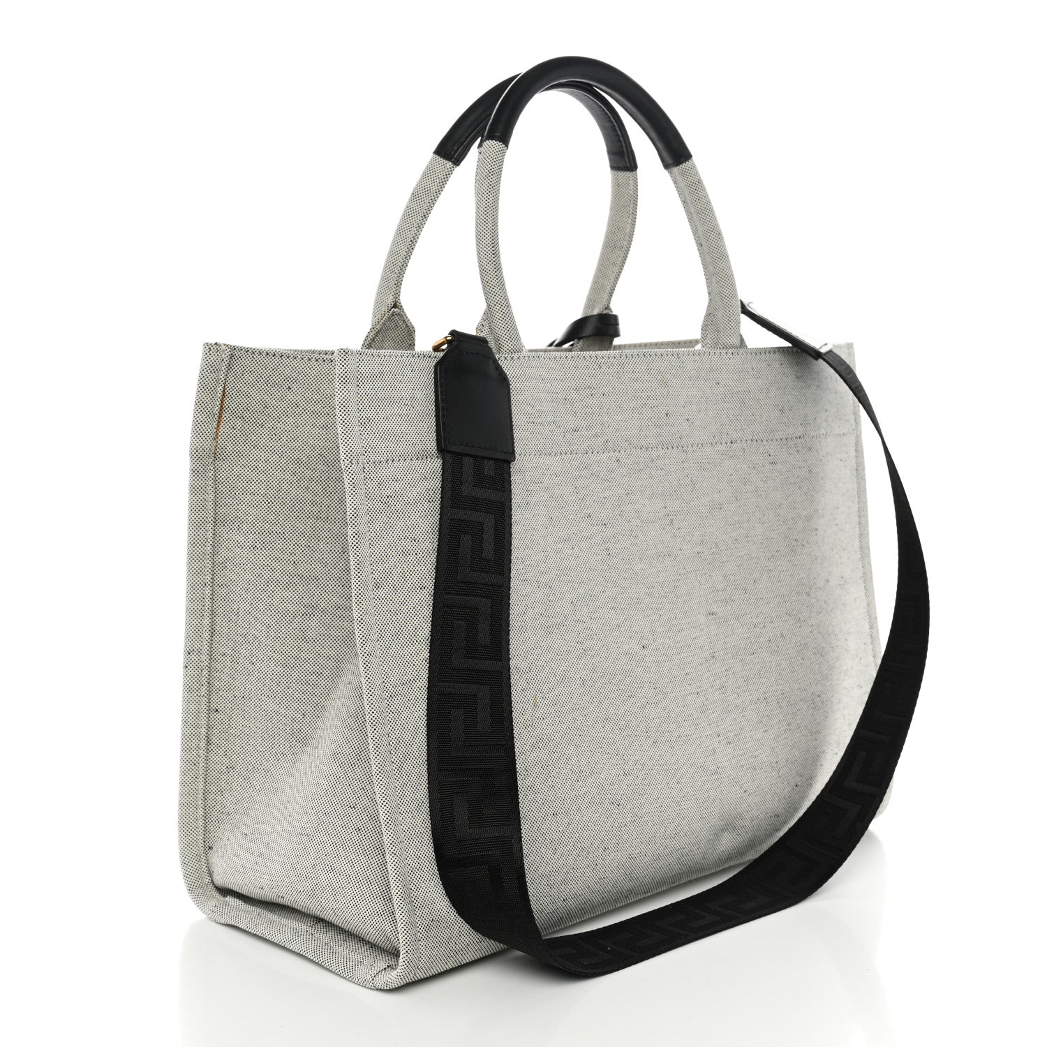 Versace Canvas Calfskin Studded Large Logo Tote Bag Ecru Black 3 of 13
