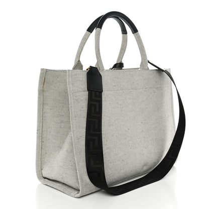 Versace Canvas Calfskin Studded Large Logo Tote Bag Ecru Black 3 of 13