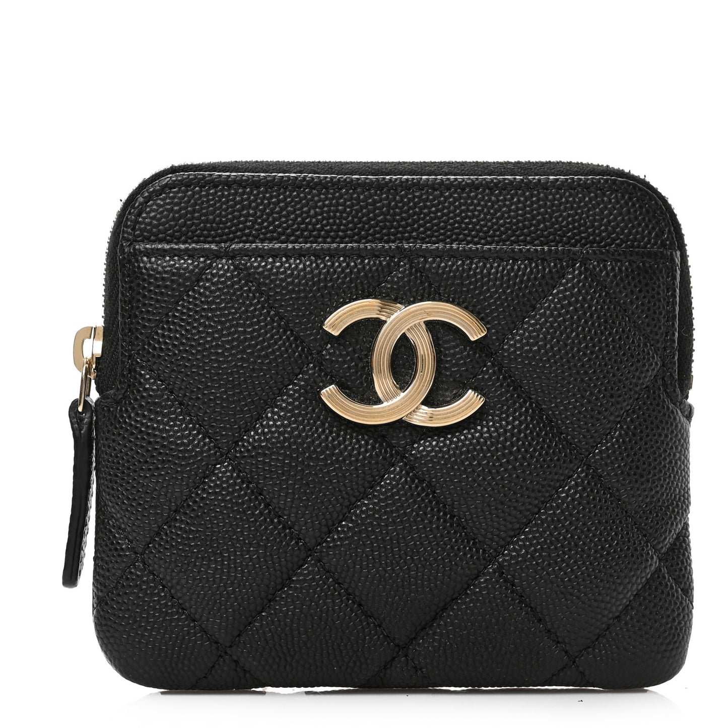 Caviar Metal Quilted Striated Zip Card Holder Wallet Black