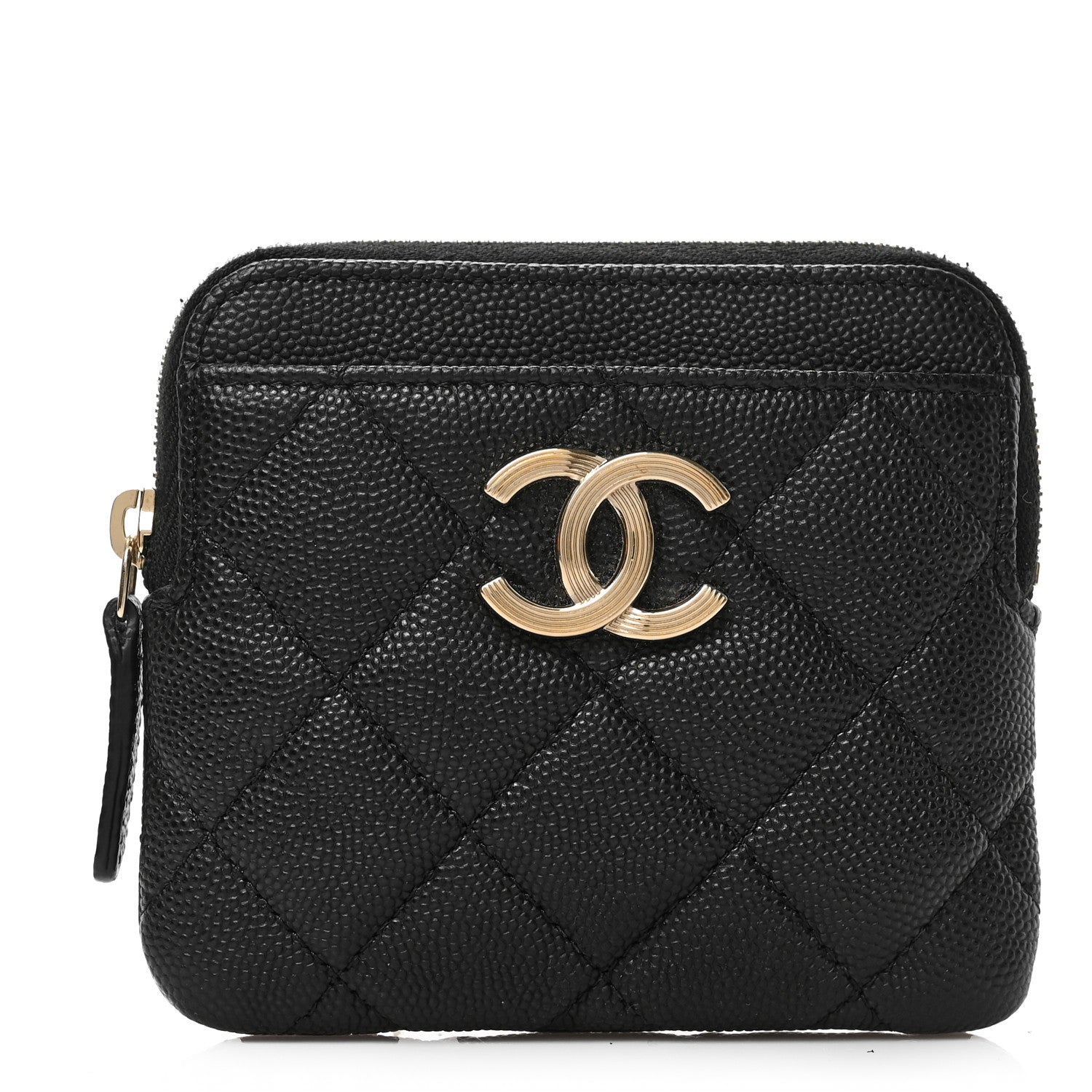 Chanel Caviar Metal Quilted Striated Zip Card Holder Wallet Black 1 of 7