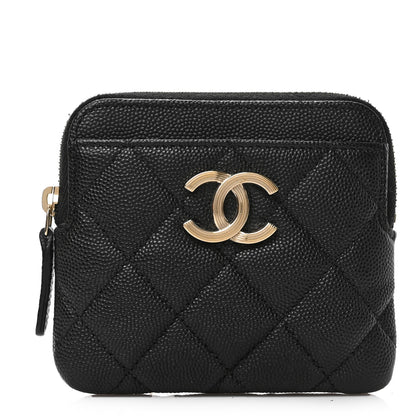 Chanel Caviar Metal Quilted Striated Zip Card Holder Wallet Black 1 of 7