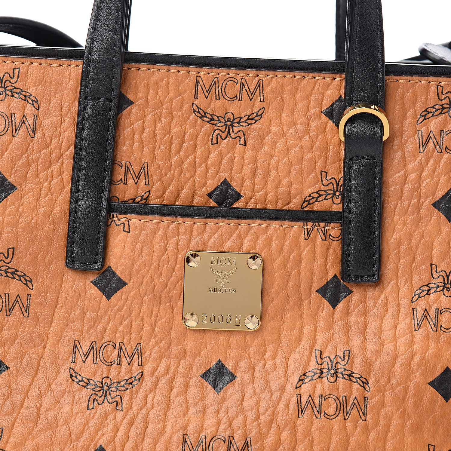 MCM Visetos Mini Anya Top Zip Shopper Tote Black Cognac 10 of 10