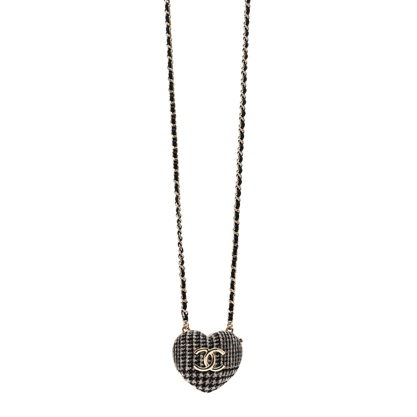 Tweed Lambskin CC Heart Locket Necklace Gold Black Beige