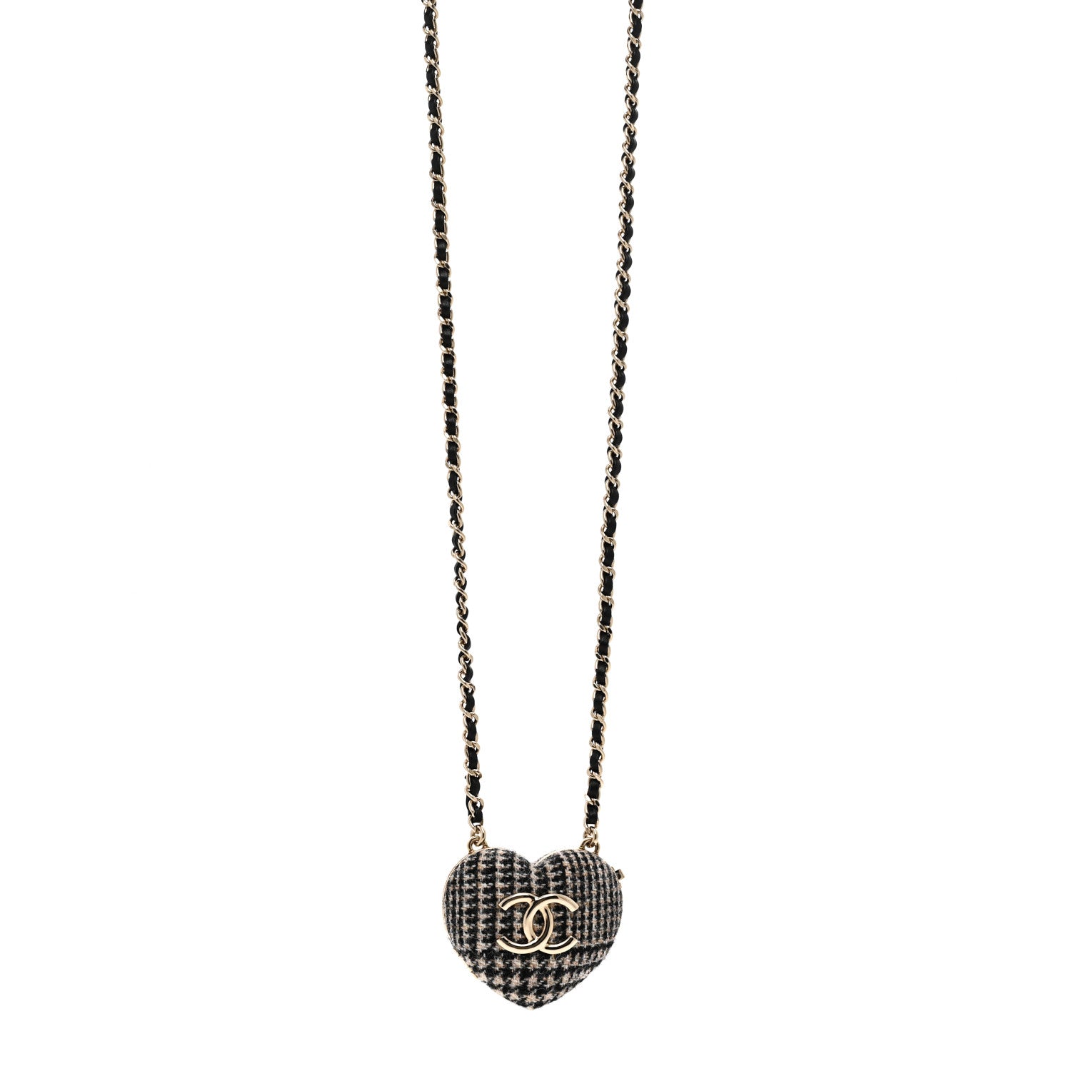 Chanel Tweed Lambskin CC Heart Locket Necklace Gold Black Beige 1 of 7