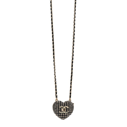 Chanel Tweed Lambskin CC Heart Locket Necklace Gold Black Beige 1 of 7