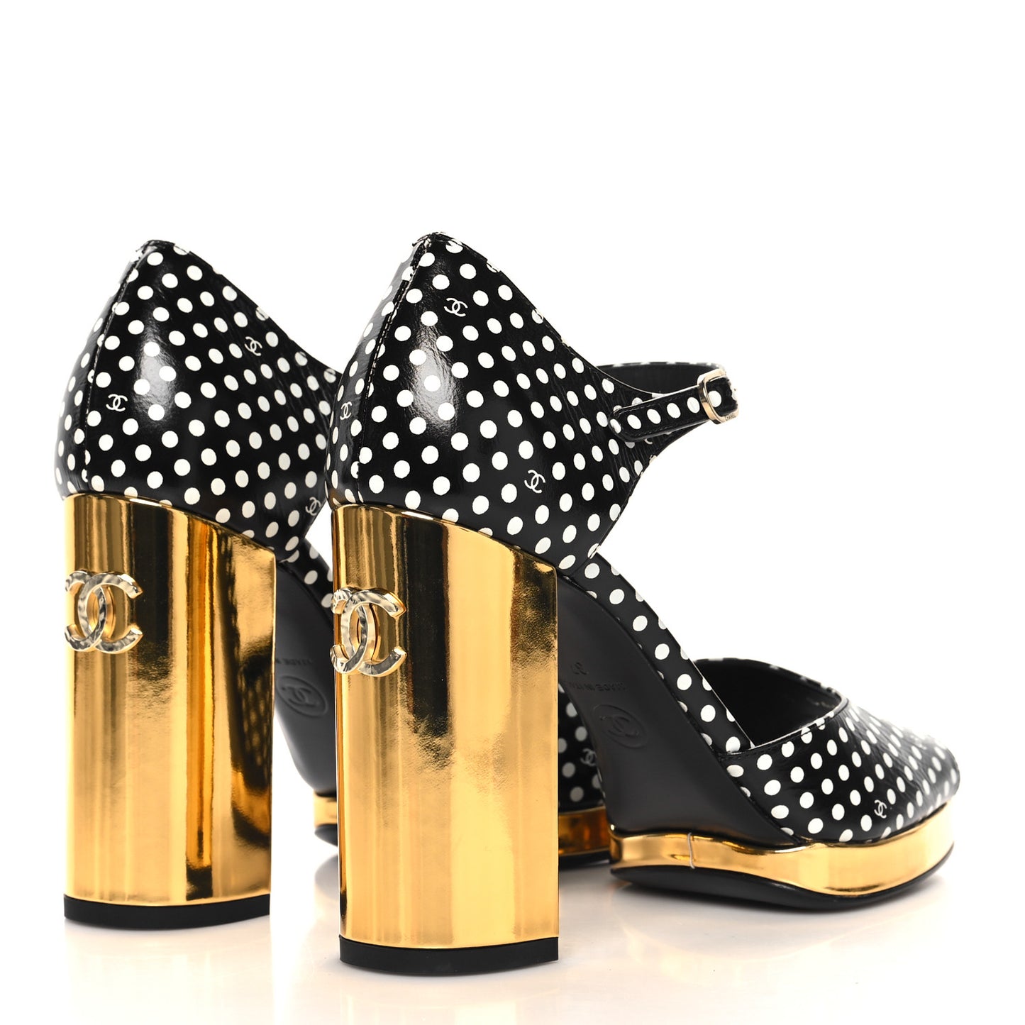 Printed Calfskin Polka Dot CC Platform Sandals 37 Black White