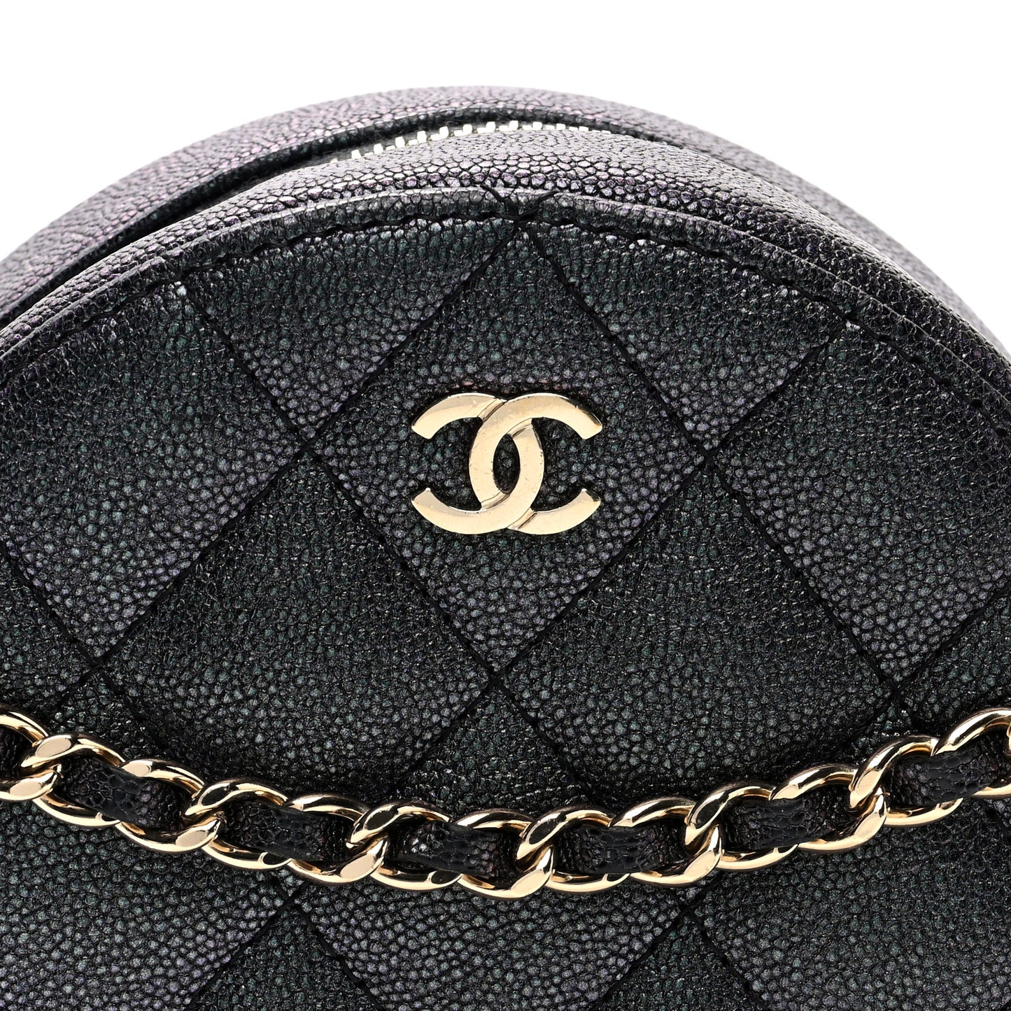 Iridescent Caviar Quilted Round Clutch With Chain Black