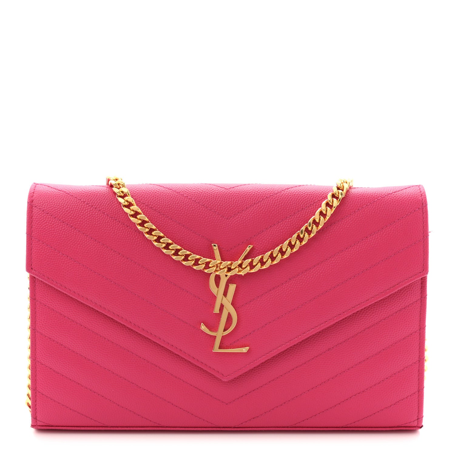 Saint Laurent Grain De Poudre Matelasse Chevron Monogram Chain Wallet Lipstick Fuchsia 1 of 10