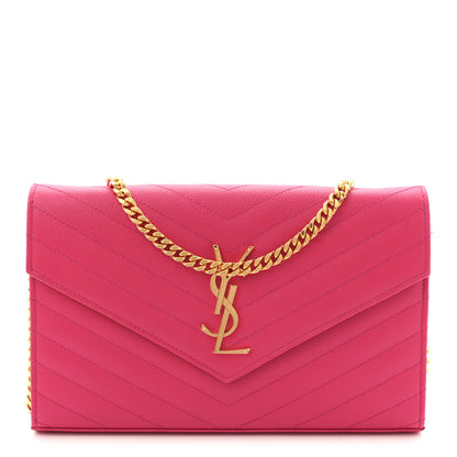 Saint Laurent Grain De Poudre Matelasse Chevron Monogram Chain Wallet Lipstick Fuchsia 1 of 10