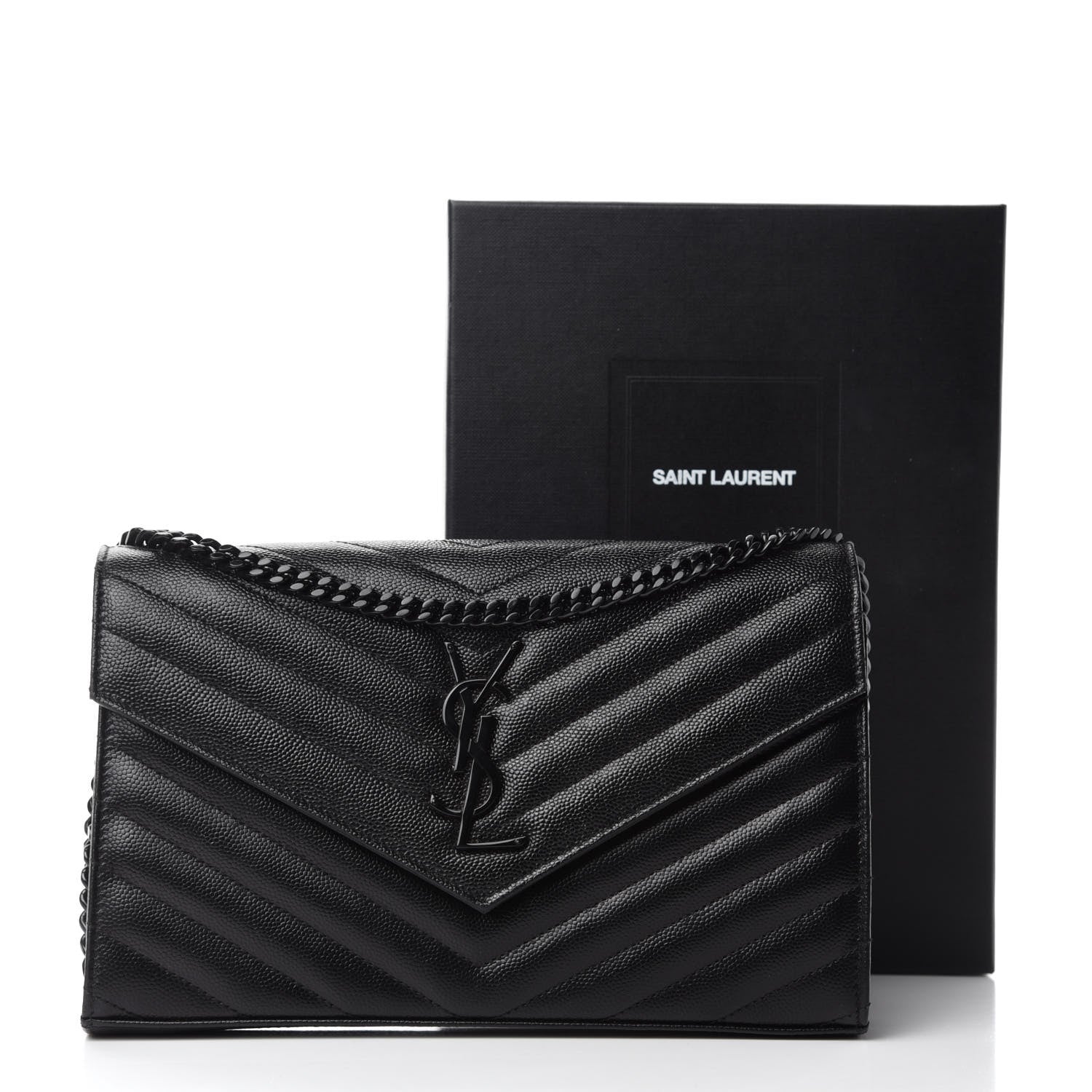 Saint Laurent Grain De Poudre Matelasse Chevron Monogram Chain Wallet Black 10 of 10