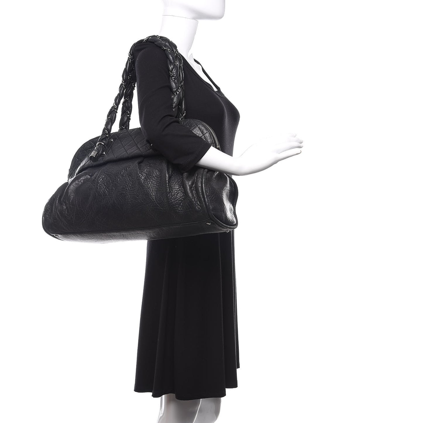 Distressed Lambskin Large Lady Braid Satchel Black