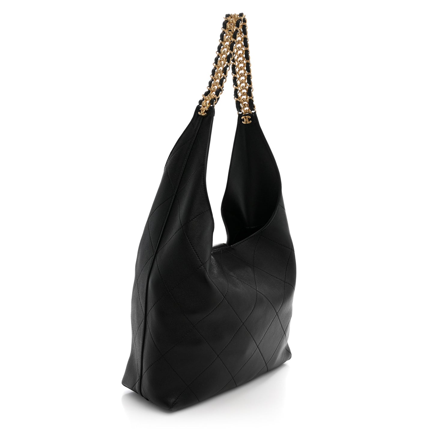 Shiny Lambskin Quilted Medium Hobo Black