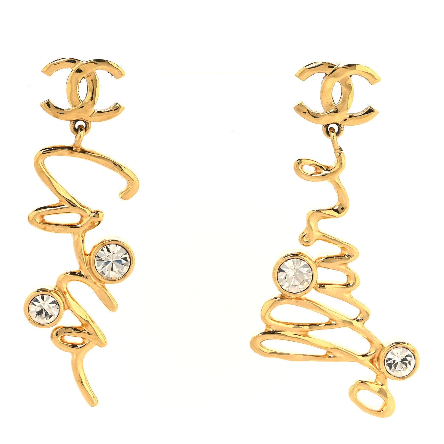 Chanel Metal Crystal Coco Script CC Drop Earrings Gold 1 of 5