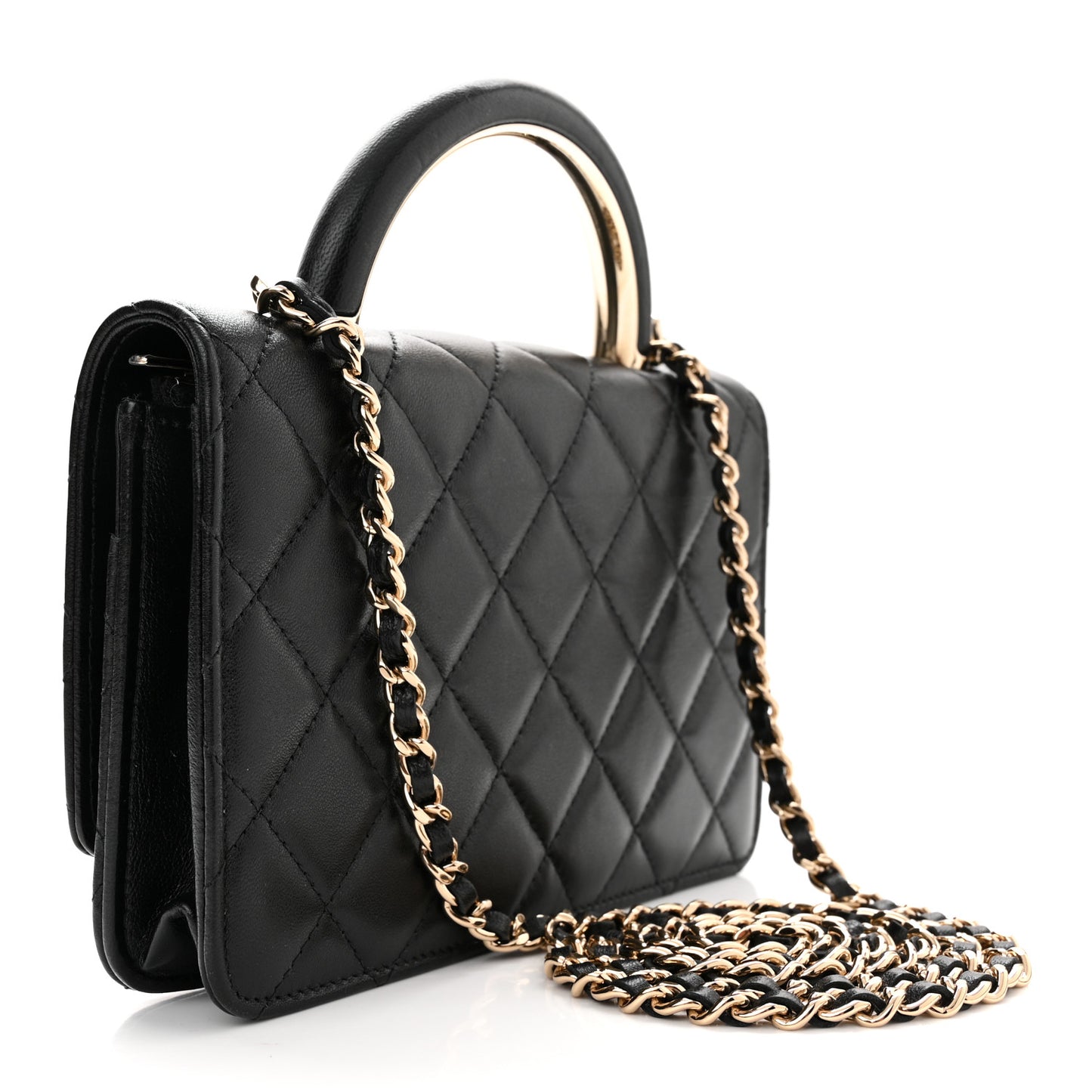 Lambskin Quilted Top Handle Wallet On Chain WOC Black