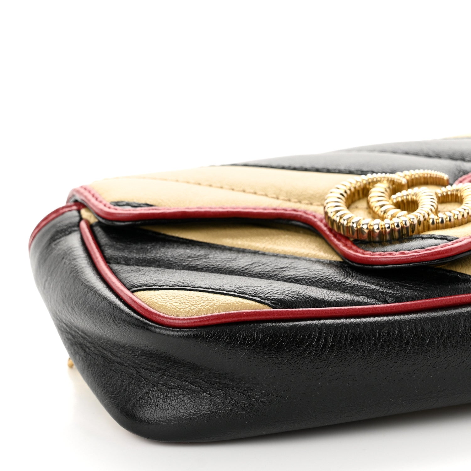 Gucci Vintage Effect Calfskin Matelasse Diagonal Striped Super Mini Torchon GG Marmont Shoulder Bag Black Beige 9 of 10
