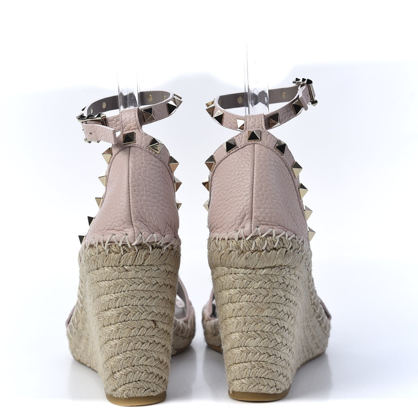 Grained Calfskin Rockstud Ankle Strap Espadrille 15/105mm Wedge Sandals 41 Poudre Natural