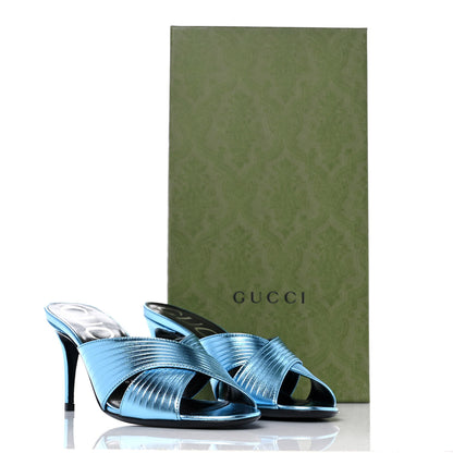 Gucci Metallic Nappa Crawford Knot Mid Heel Slide Sandals 36 Cielo 10 of 10